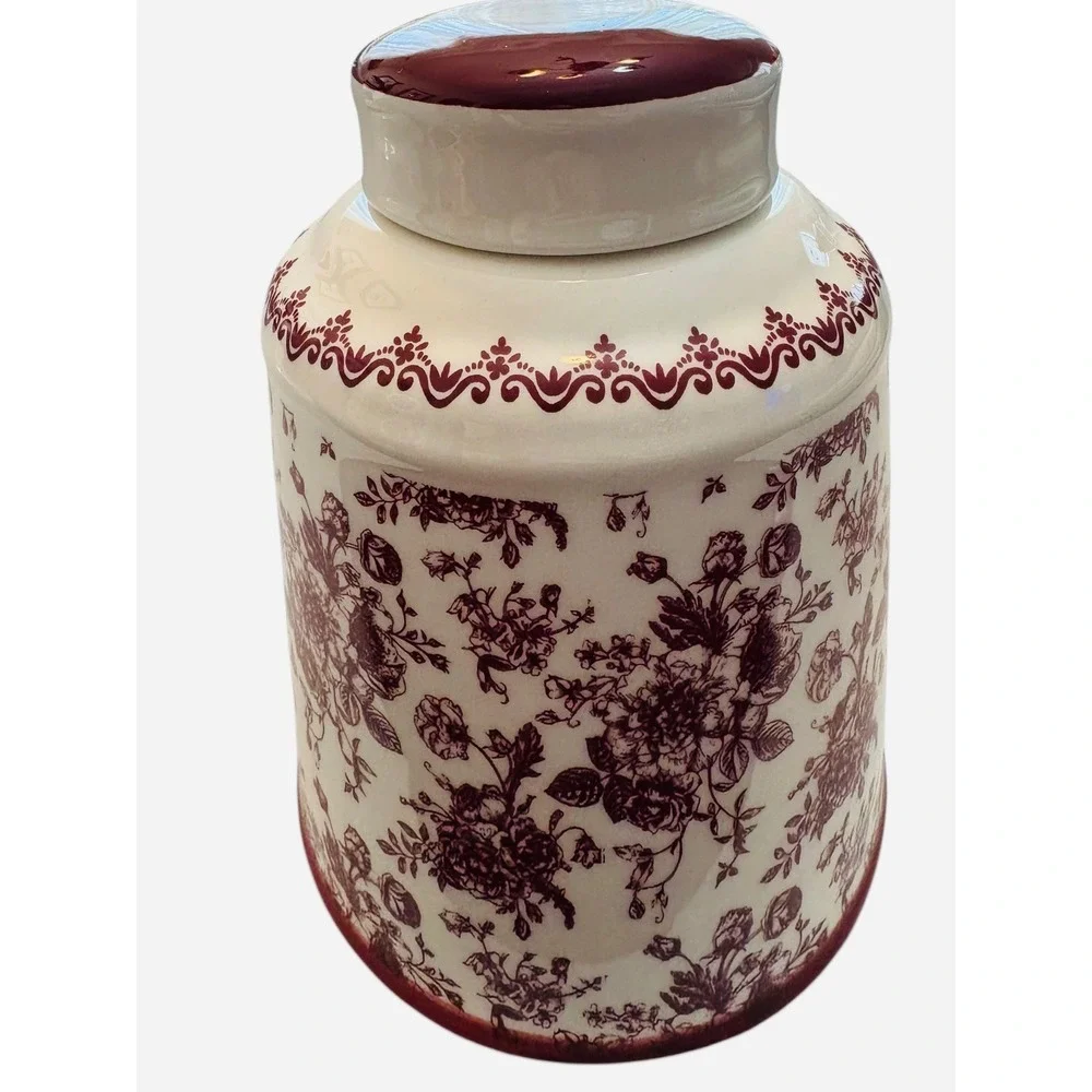 Vintage Style Ceramic Floral Toile Kitchen Canister a SCOOP Burgundy‎ White Jar